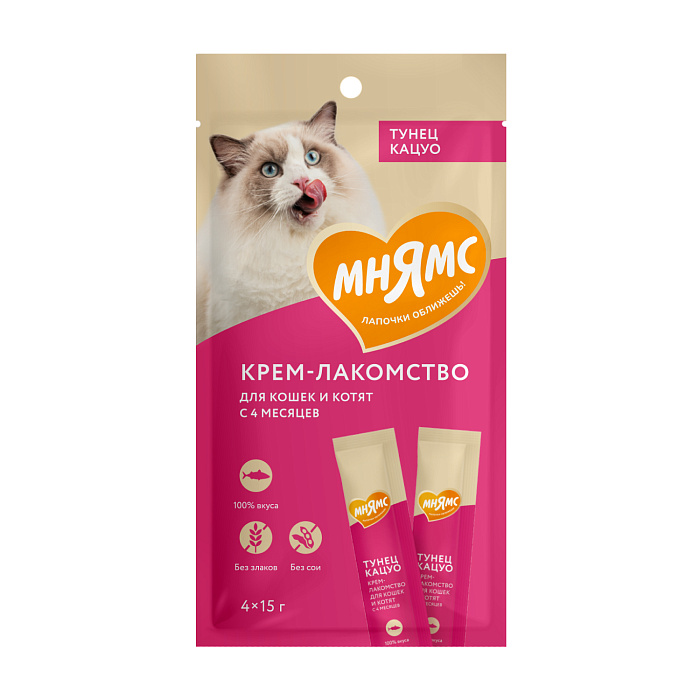 Крем-лакомство Мнямс 1+1=3 для кошек с тунцом Кацуо, 4 шт по 15 г