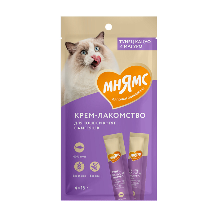 Крем-лакомство Мнямс 1+1=3 для кошек с тунцом Кацуо и Магуро. 4 шт по 15 г