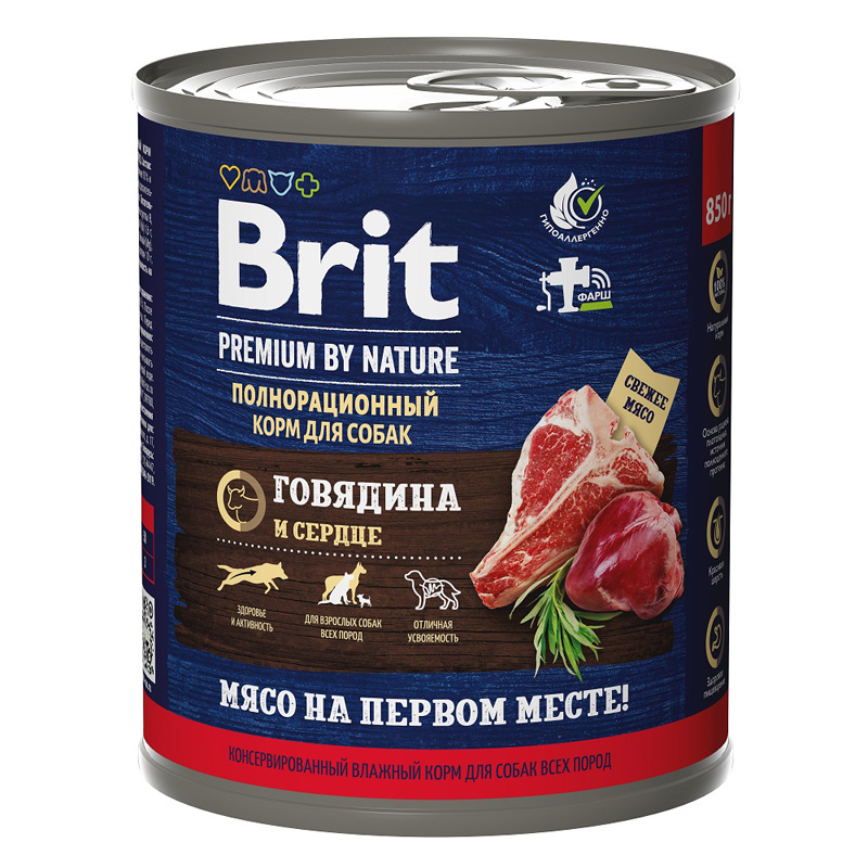 Brit Premium консервы для взрослых собак всех пород с говядиной и сердцем, 850 г