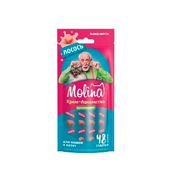 Molina Creamy Treats. AntiHairball. Функциональное крем-лакомство с лососем для котят и взрослых кошек. Вывод комков шерсти из желудка.