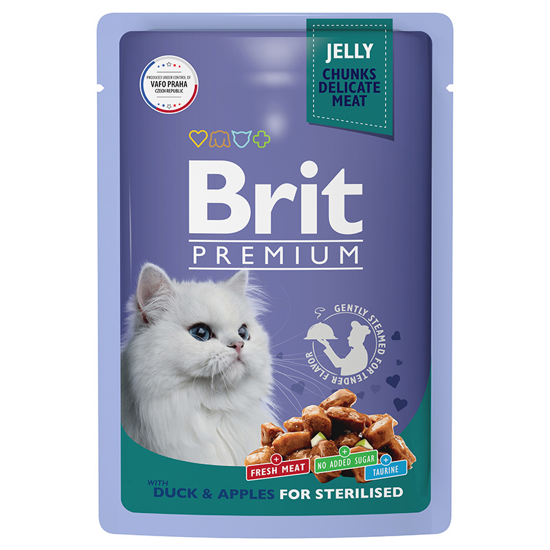 Brit Premium пауч для взрослых стерилизованных кошек с уткой с яблоками в желе Cat Sterilised, 85 г