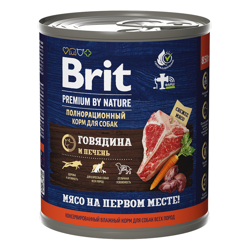 Brit Premium Консервы для взрослых собак всех пород с говядина и печенью, 850 г