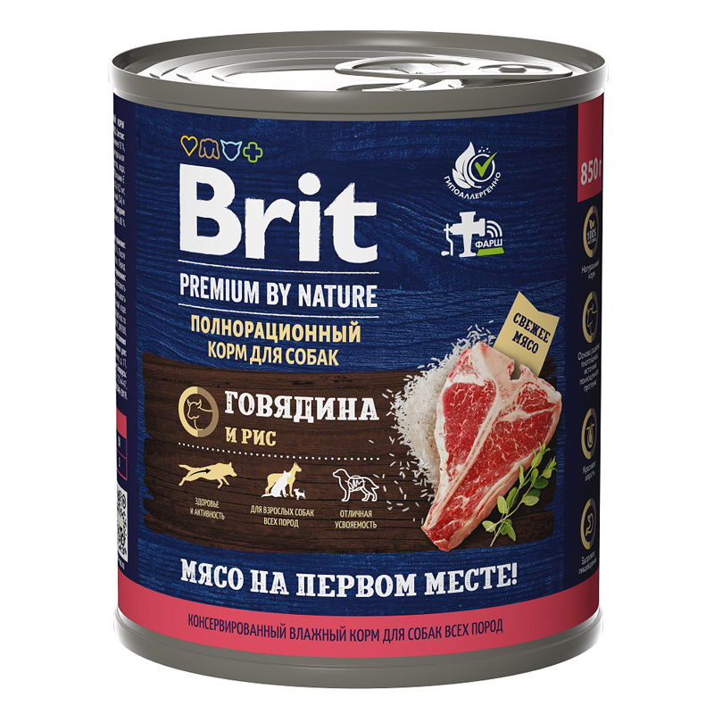 Brit Premium Консервы для взрослых собак всех пород с говядиной и рисом, 850 г
